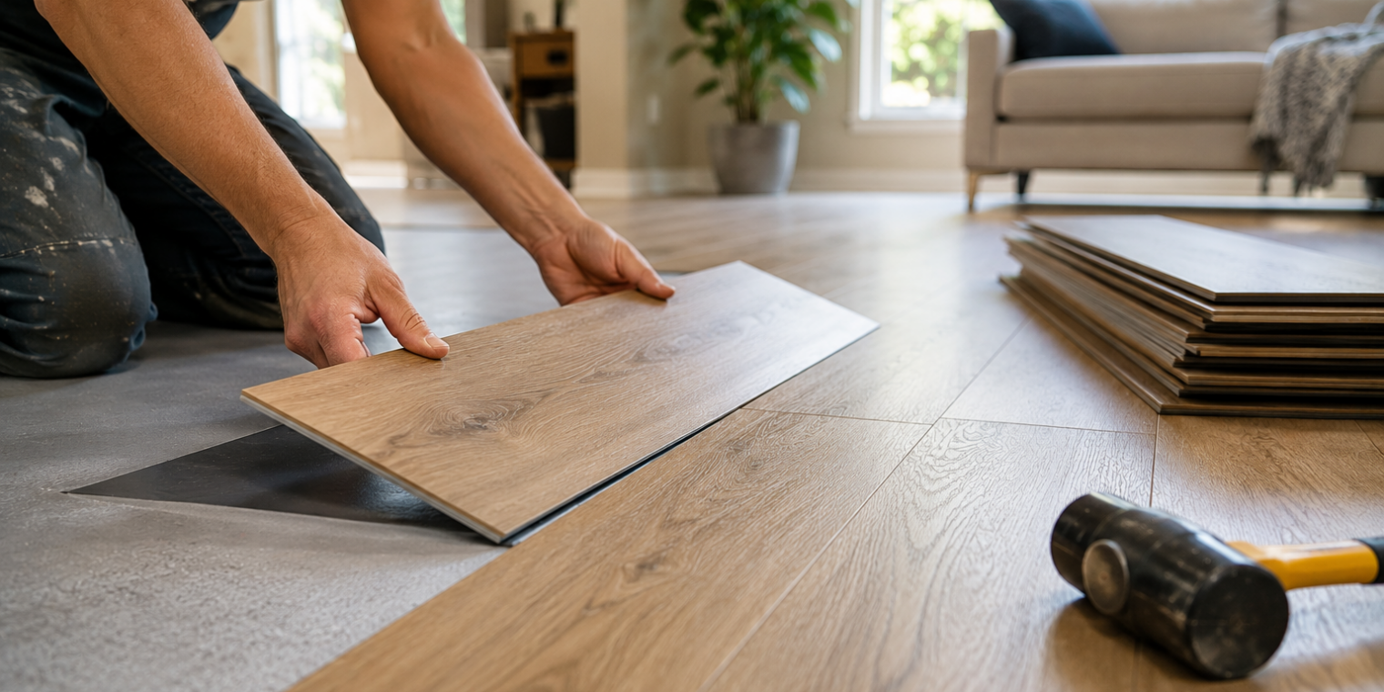 Person installing wooden laminate flooring, placing a plank into place indoors with a hammer and stacked planks nearby in a living room