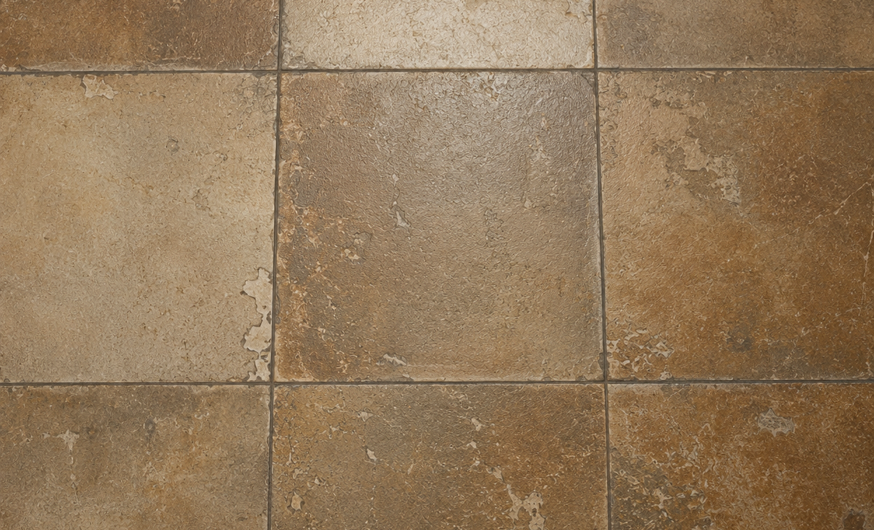 Brown, weathered square floor tiles arranged in a grid with worn patches and chipped edges.